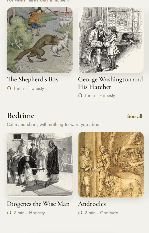 Manor's Read tab: shelves of stories, Under 5 minutes and Bedtime