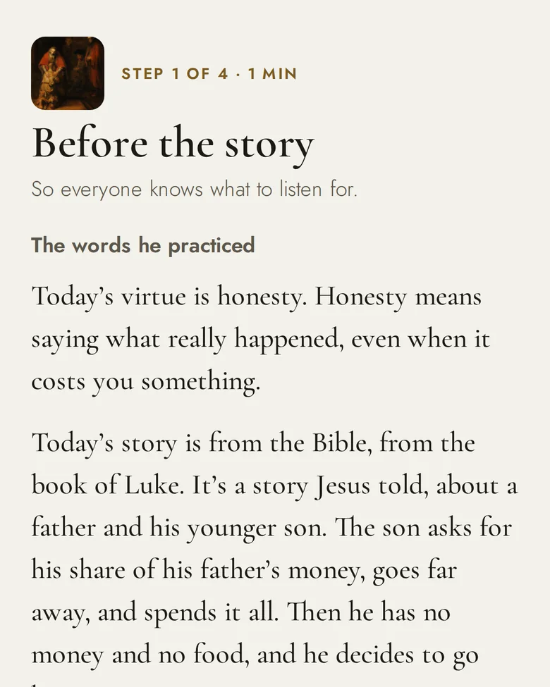 Before the story: the words he practiced. Today’s virtue is honesty.