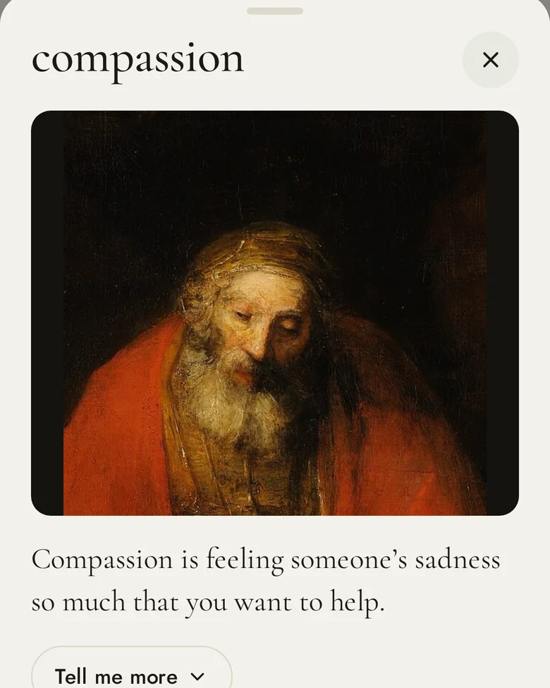 Compassion: feeling someone’s sadness so much that you want to help, beside a detail of Rembrandt’s painting
