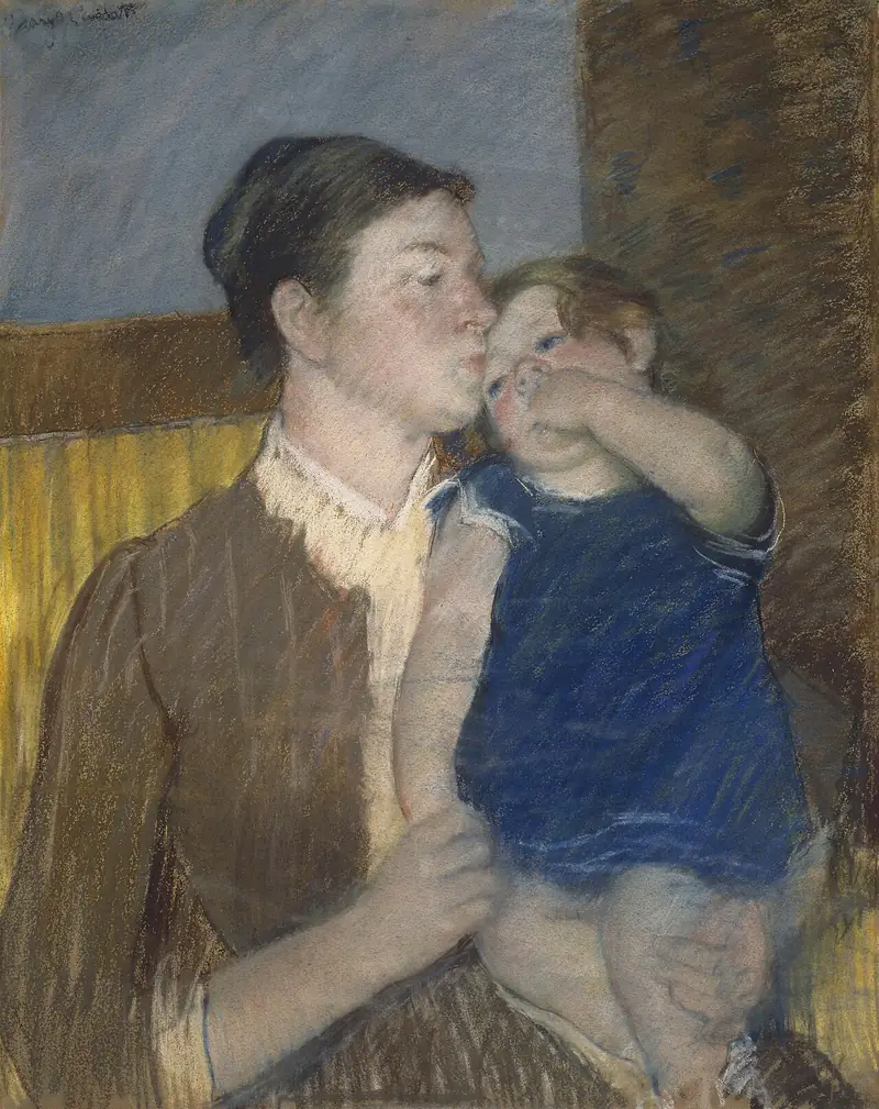 Mary Cassatt’s Mother’s Goodnight Kiss: a mother holds her sleepy child close.